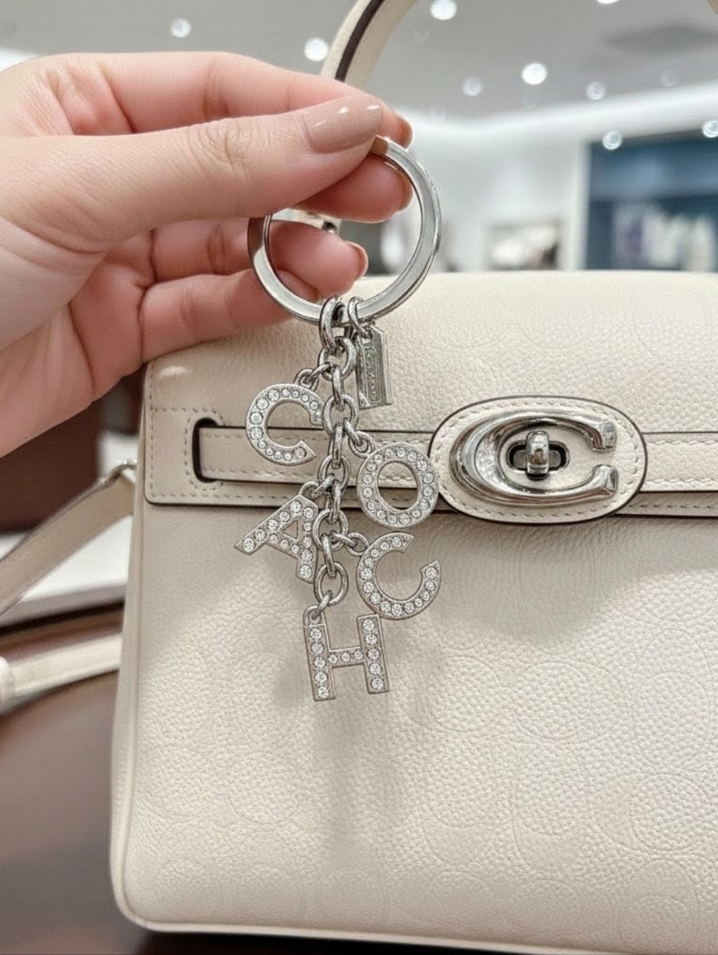 Coach Logo Alphabet Letter Bag Charm Silver Pave Crystal Keychain Pristine